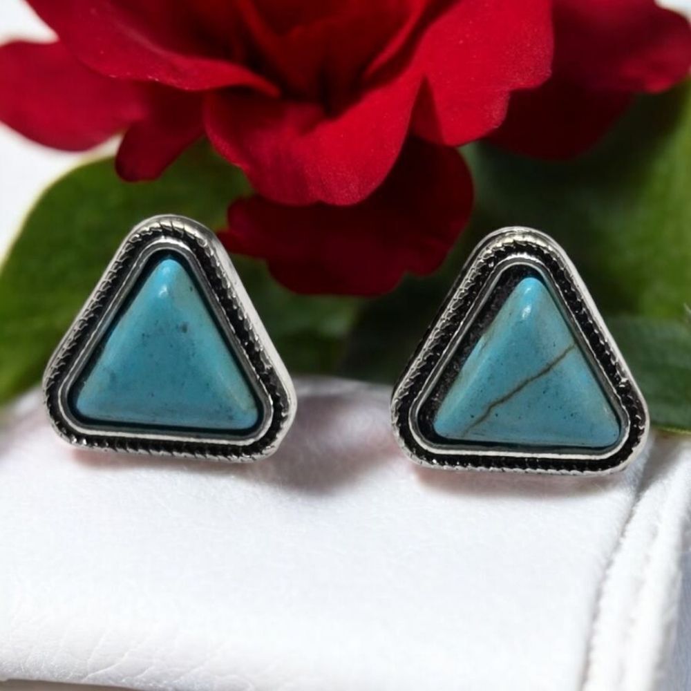 Triangle Turquoise Stud Earrings Boho-Chic Tribal Western Pierced Womens Jewelry